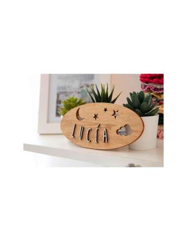 Placa Puerta Madera Ovalada Luna y Estre
